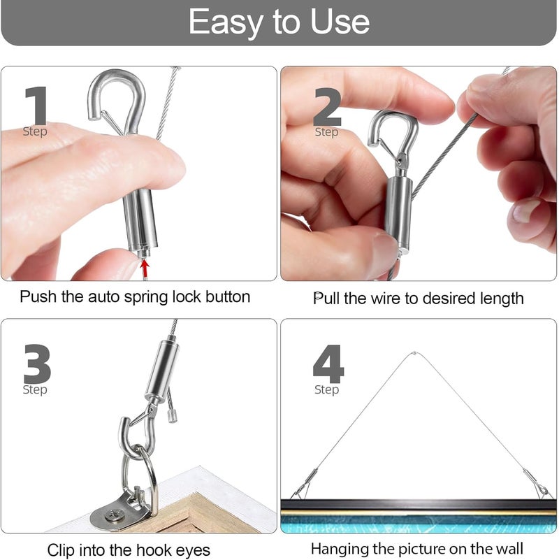 Wobon Adjustable Picture Hanging Wire, Upgrade Mirror Frame Hanging Kit, 6.6FT Heavy Duty Stainless Steel Wire Rope, Supports Up to 100lbs (Silver, 8PC-6.6FT) - Image 4